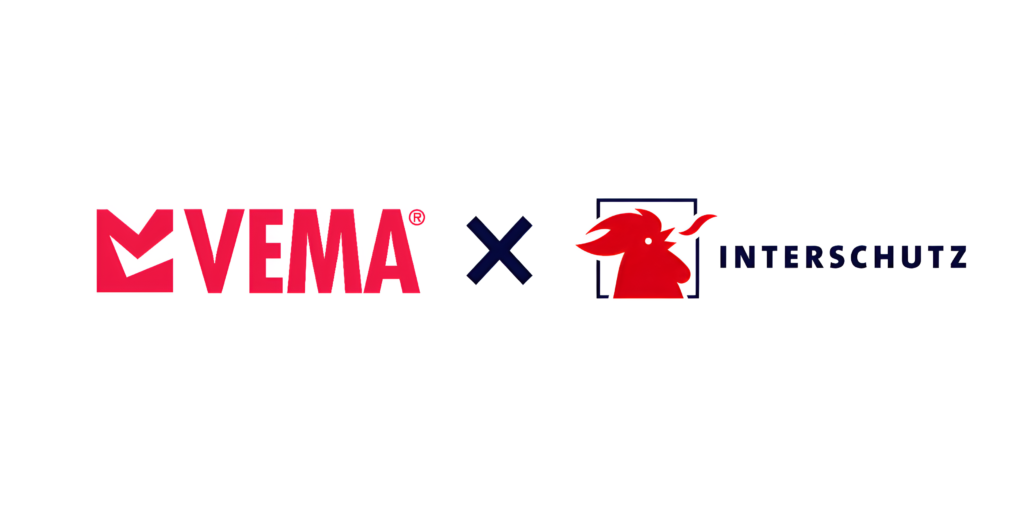 Vema logo on the left and Interschutz logo on the right, separated by a bold “X” in the center, symbolizing collaboration between Vema Lift and Interschutz.